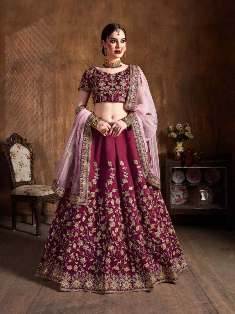 Image of Maroon Raw Silk Embroidered Wedding Reception Festival Heavy Border Lehenga Choli