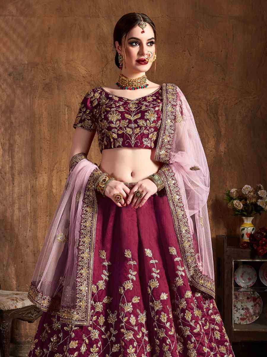 Maroon Raw Silk Embroidered Wedding Reception Festival Heavy Border Lehenga Choli