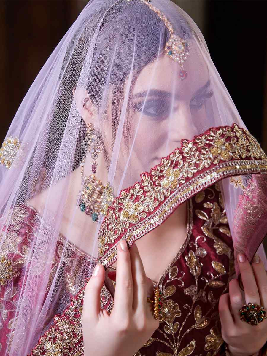 Maroon Raw Silk Embroidered Wedding Reception Festival Heavy Border Lehenga Choli