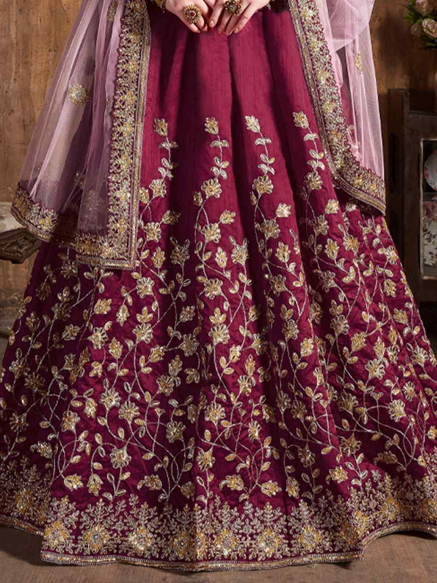 Maroon Raw Silk Embroidered Wedding Reception Festival Heavy Border Lehenga Choli