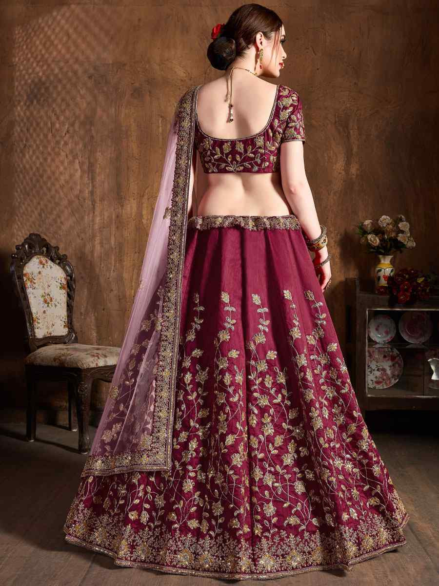Maroon Raw Silk Embroidered Wedding Reception Festival Heavy Border Lehenga Choli