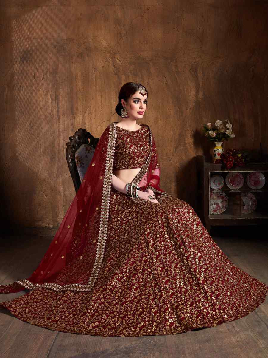 Maroon Raw Silk Embroidered Wedding Reception Festival Heavy Border Lehenga Choli
