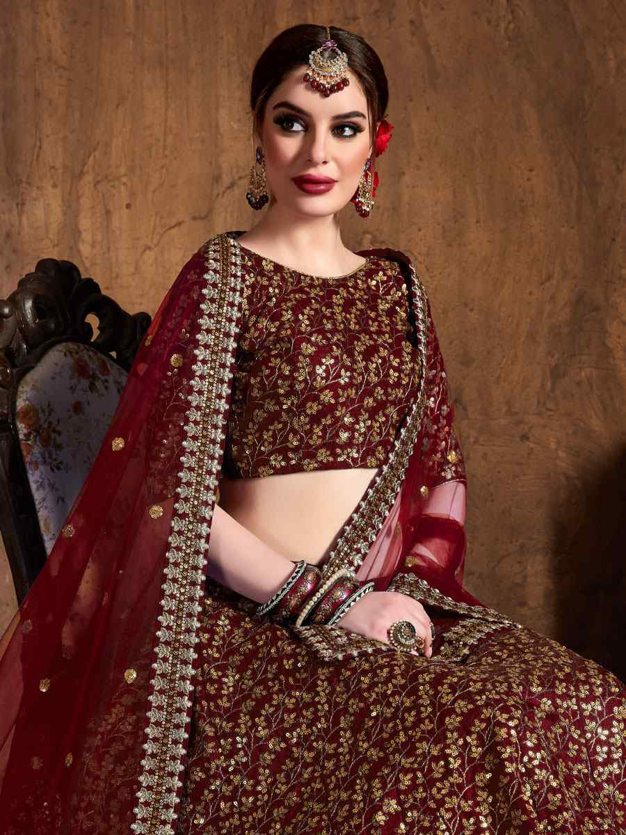 Maroon Raw Silk Embroidered Wedding Reception Festival Heavy Border Lehenga Choli