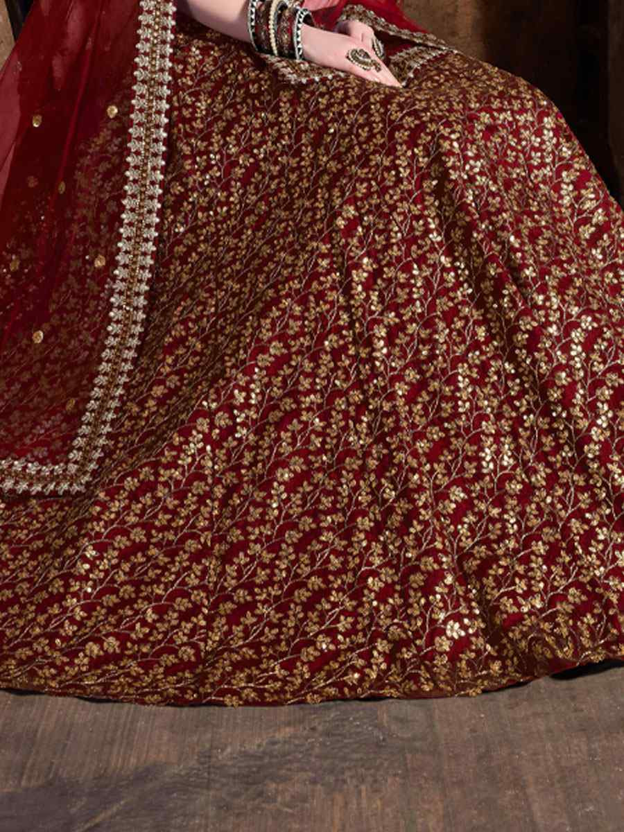 Maroon Raw Silk Embroidered Wedding Reception Festival Heavy Border Lehenga Choli