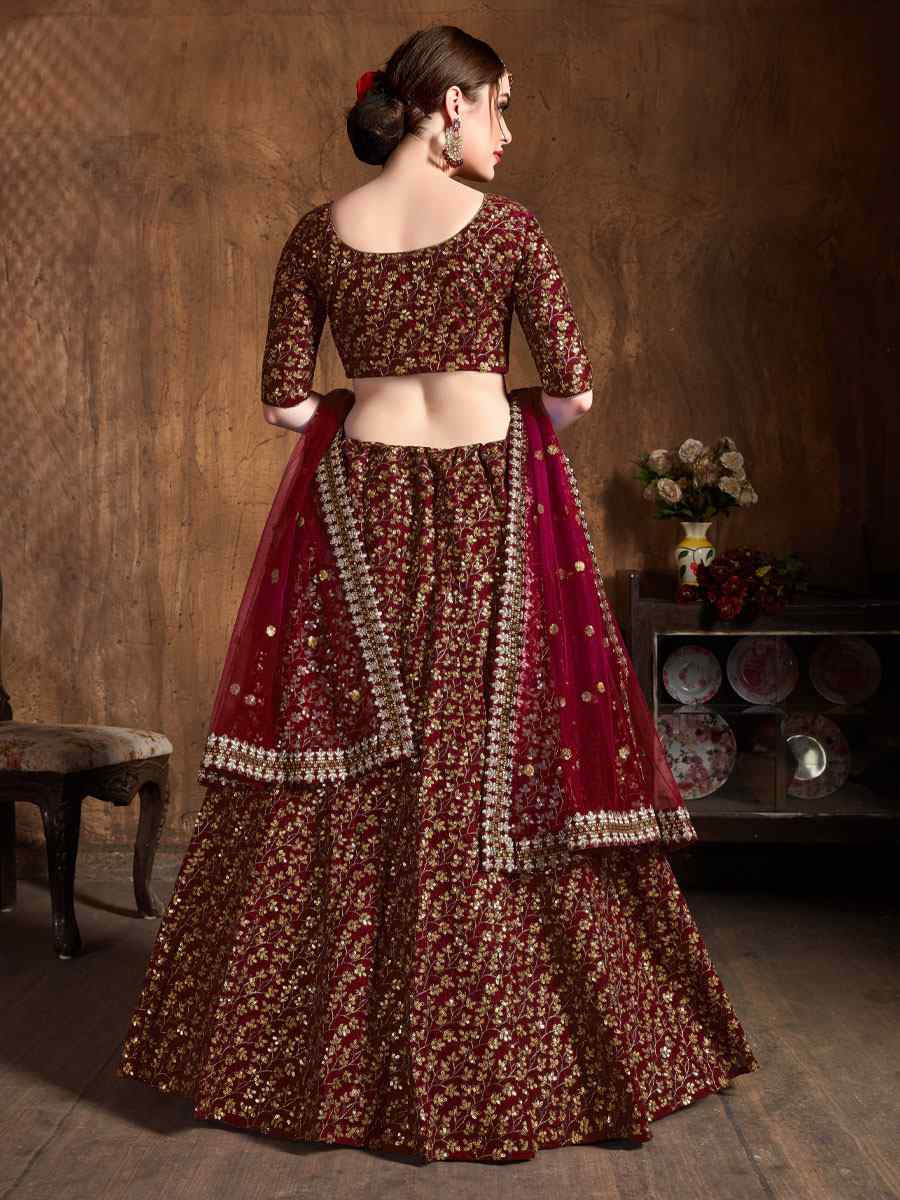 Maroon Raw Silk Embroidered Wedding Reception Festival Heavy Border Lehenga Choli