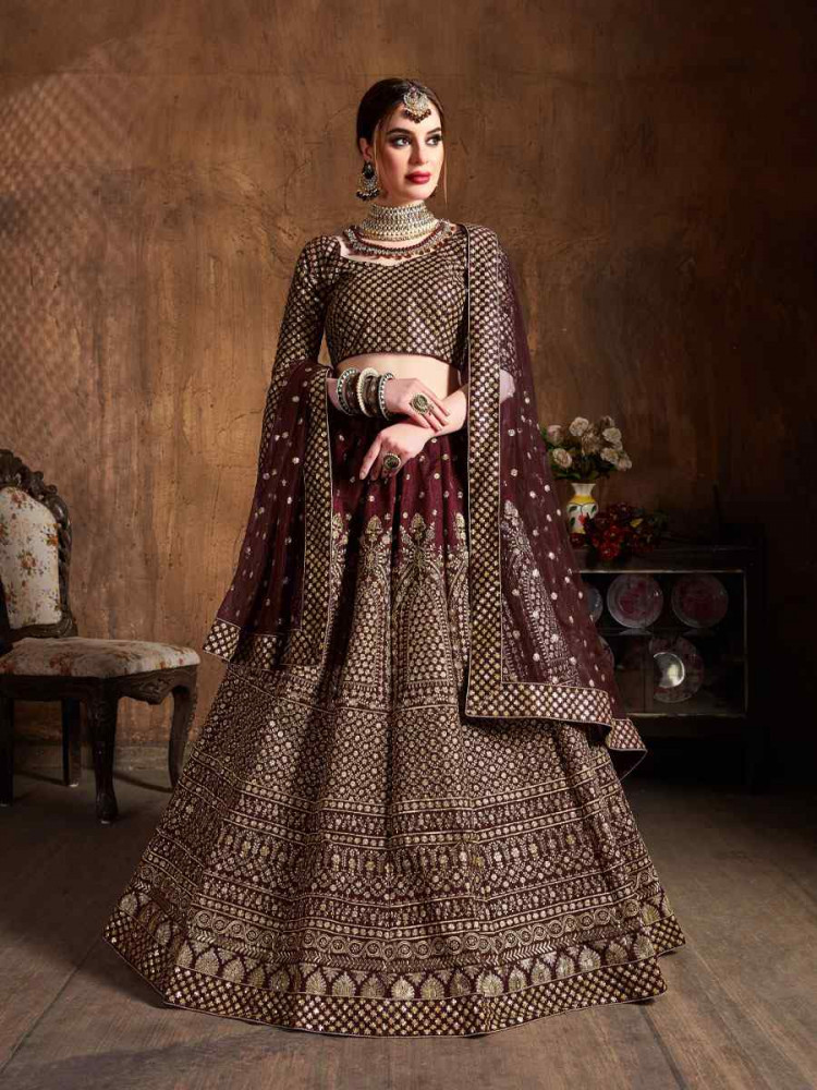 Image of Maroon Raw Silk Embroidered Wedding Reception Festival Heavy Border Lehenga Choli
