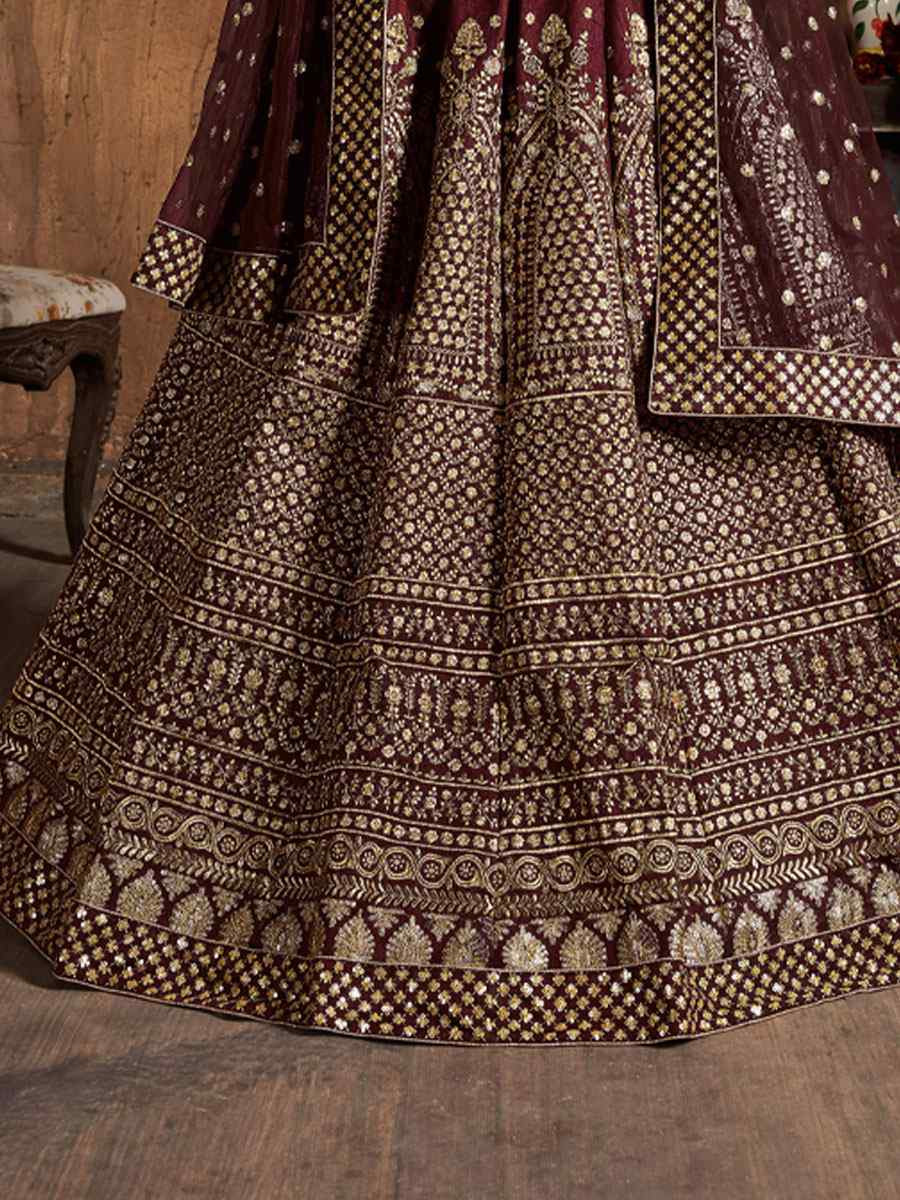Maroon Raw Silk Embroidered Wedding Reception Festival Heavy Border Lehenga Choli