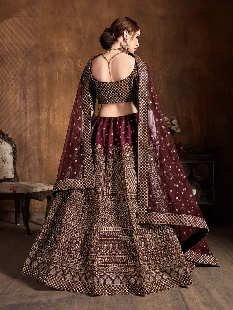 Maroon Raw Silk Embroidered Wedding Reception Festival Heavy Border Lehenga Choli