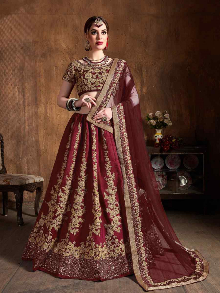 Image of Maroon Raw Silk Embroidered Wedding Reception Festival Heavy Border Lehenga Choli