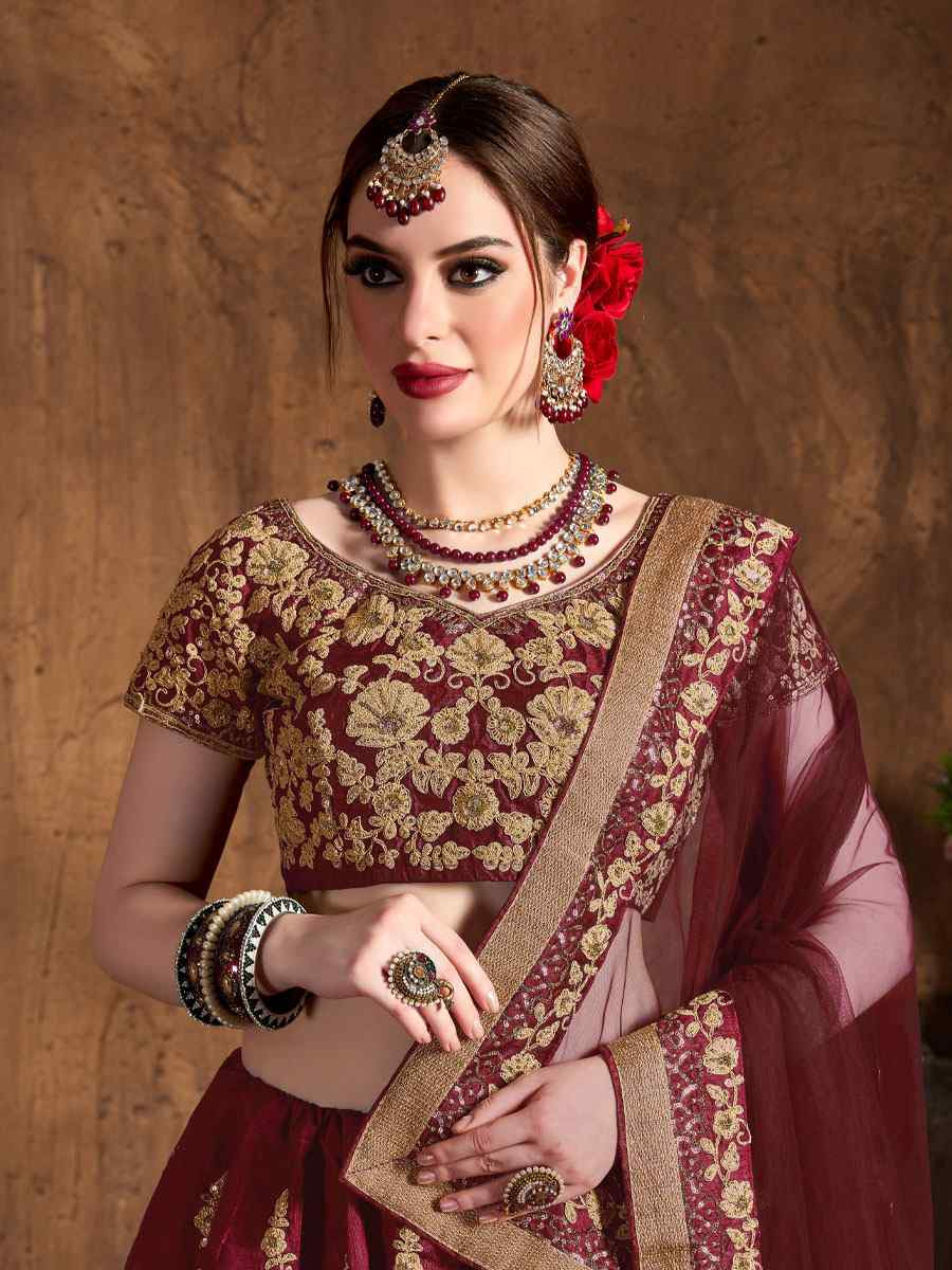 Maroon Raw Silk Embroidered Wedding Reception Festival Heavy Border Lehenga Choli