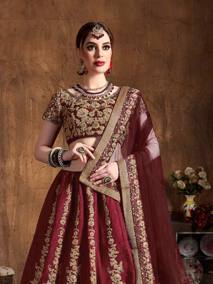 Maroon Raw Silk Embroidered Wedding Reception Festival Heavy Border Lehenga Choli