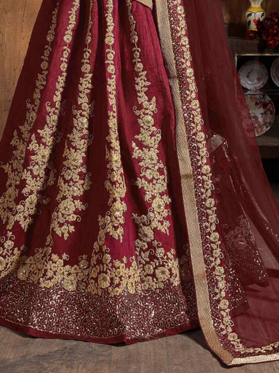 Maroon Raw Silk Embroidered Wedding Reception Festival Heavy Border Lehenga Choli