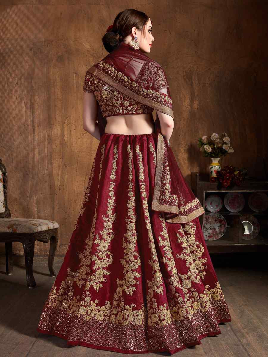 Maroon Raw Silk Embroidered Wedding Reception Festival Heavy Border Lehenga Choli