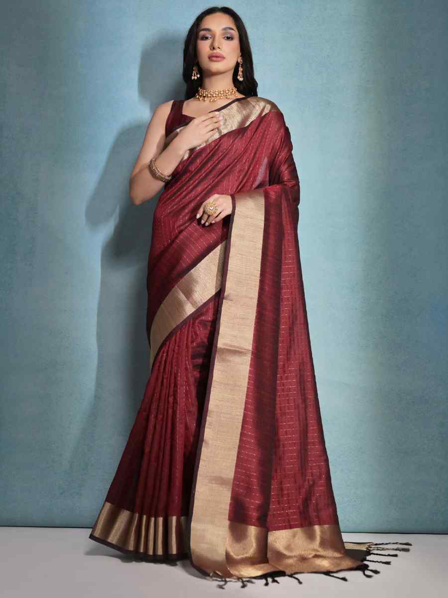 Maroon Raw Silk Handwoven Festival Casual Heavy Border Saree