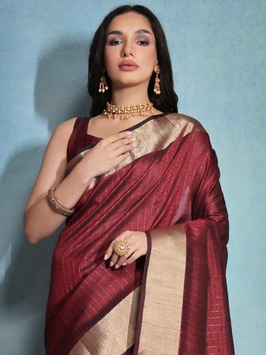 Maroon Raw Silk Handwoven Festival Casual Heavy Border Saree