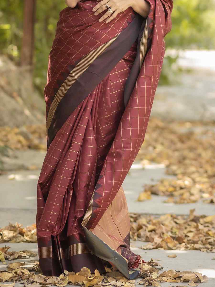 Maroon Raw Silk Handwoven Party Festival Heavy Border Saree