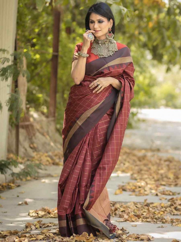 Maroon Raw Silk Handwoven Party Festival Heavy Border Saree