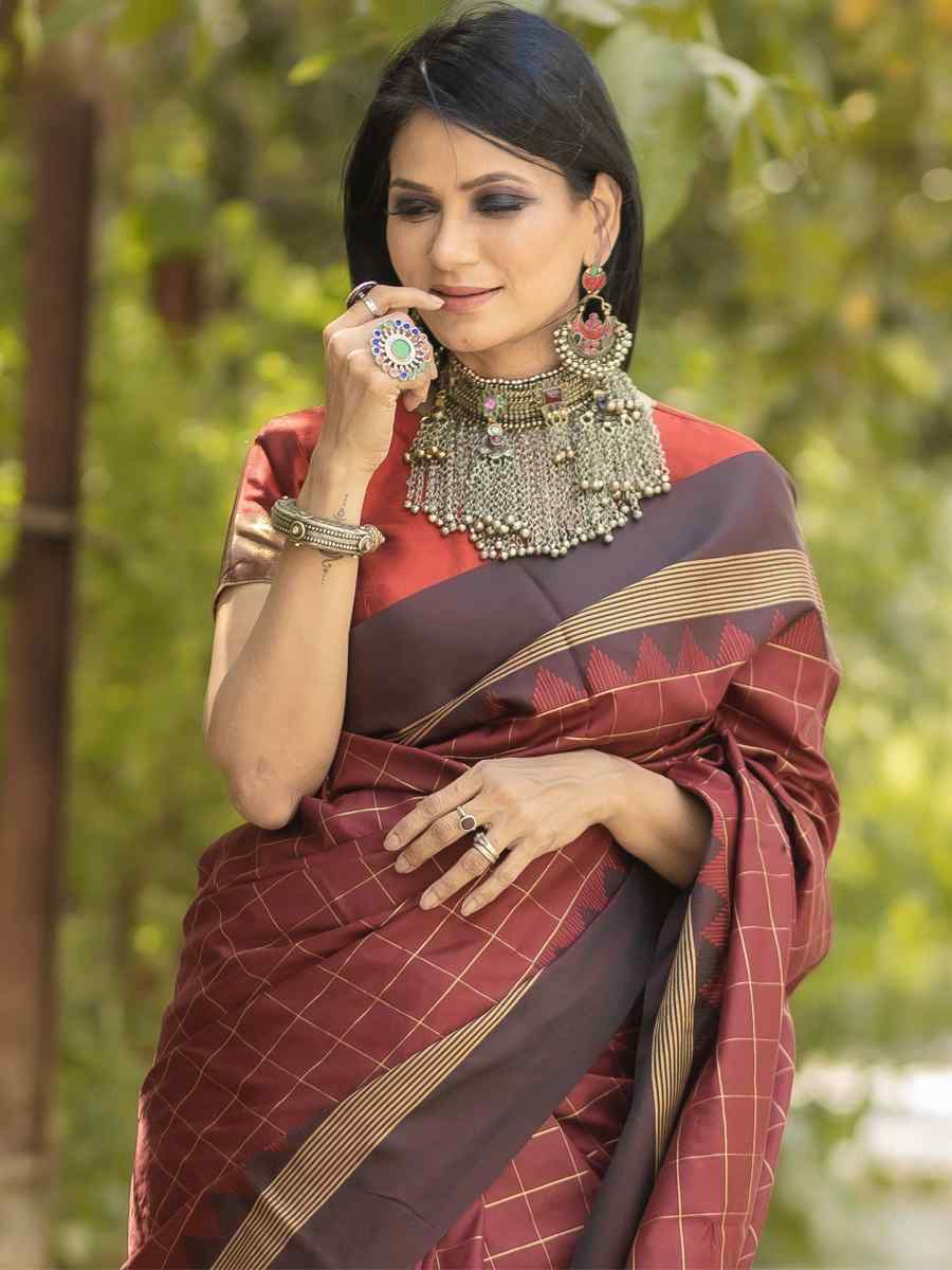 Maroon Raw Silk Handwoven Party Festival Heavy Border Saree