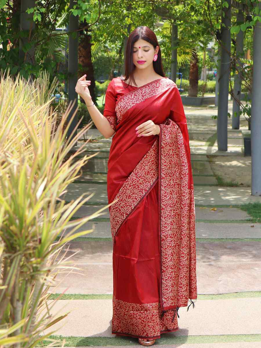 Maroon Raw Silk Printed Festival Wedding Fancy Heavy Border Saree
