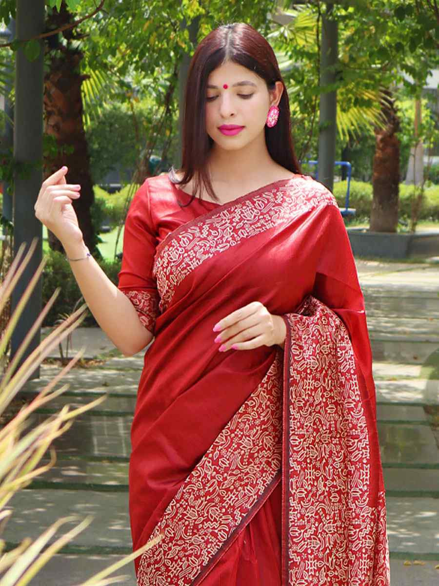 Maroon Raw Silk Printed Festival Wedding Fancy Heavy Border Saree