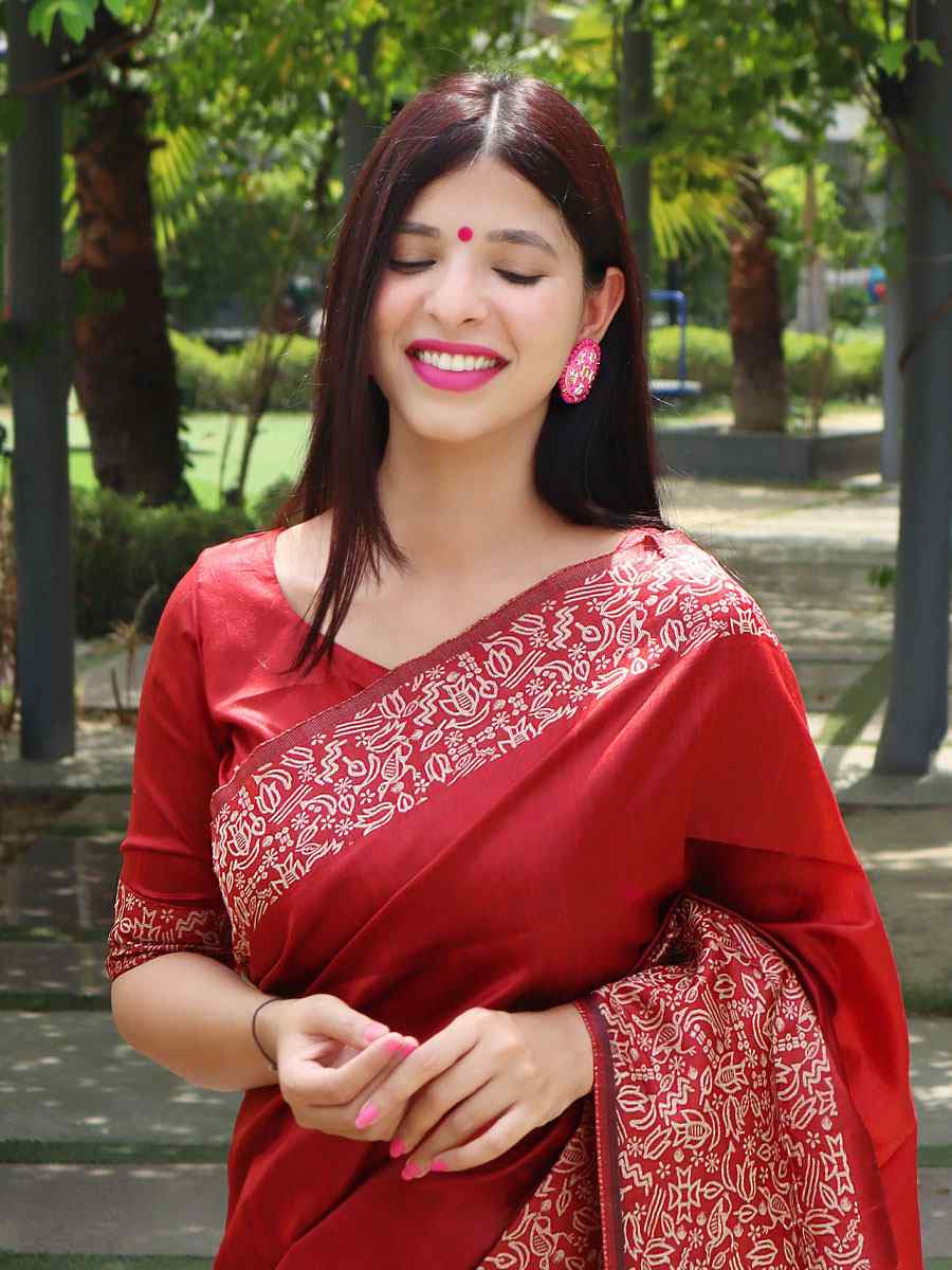 Maroon Raw Silk Printed Festival Wedding Fancy Heavy Border Saree