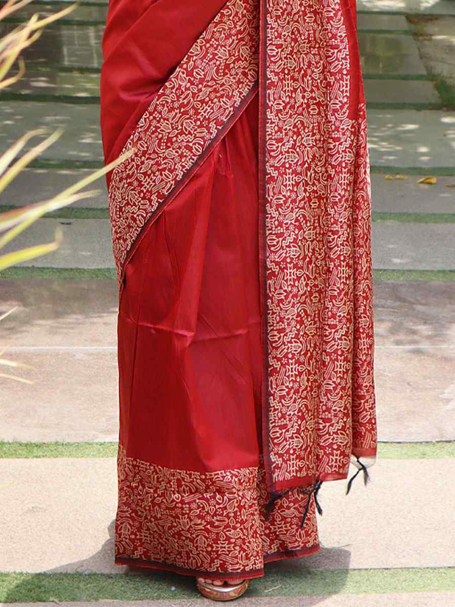 Maroon Raw Silk Printed Festival Wedding Fancy Heavy Border Saree