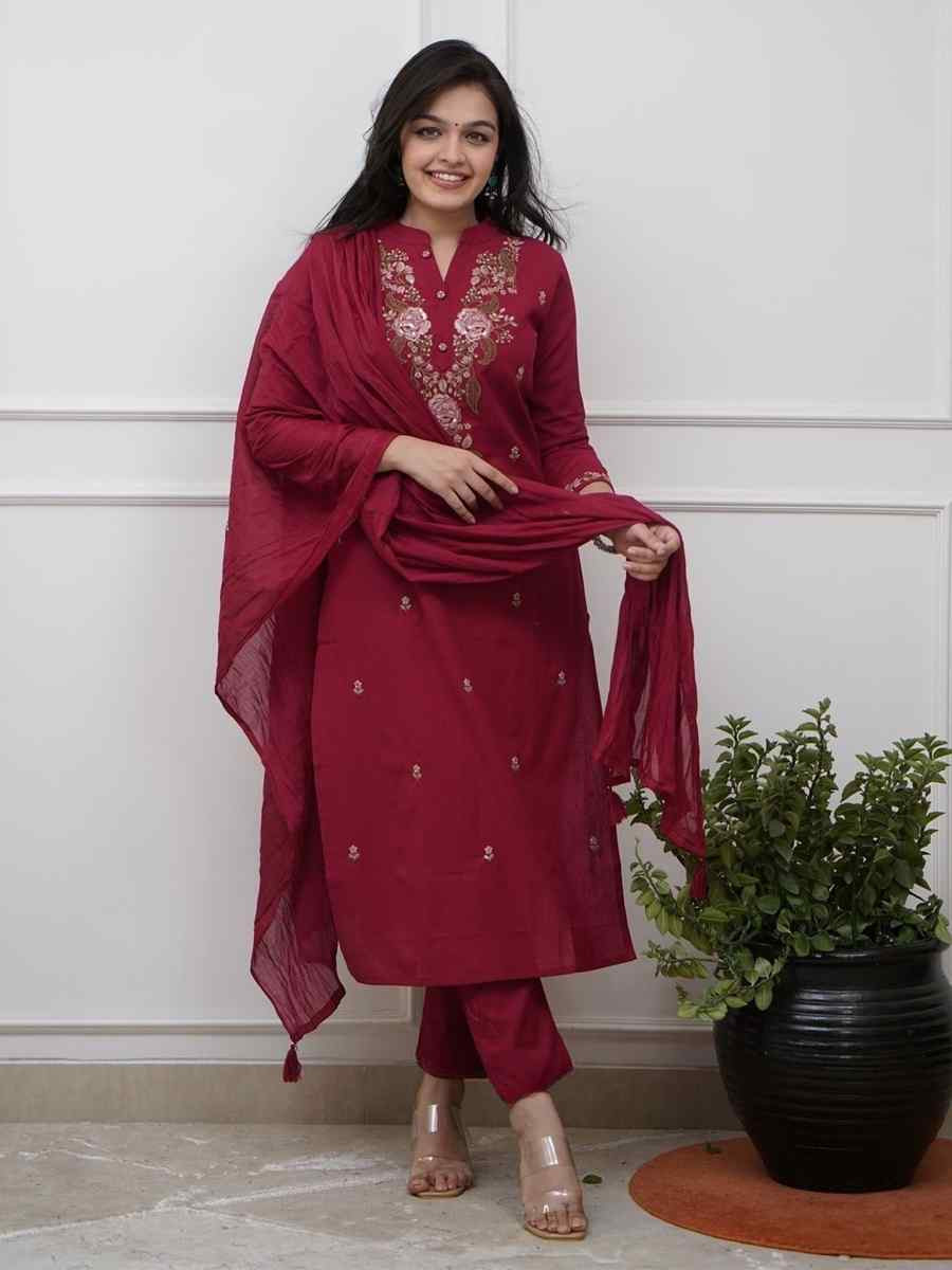 Maroon Rayon Embroidered Festival Casual Ready Pant Salwar Kameez