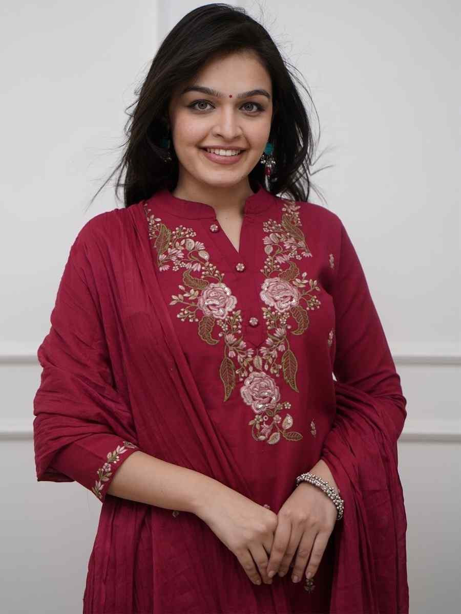 Maroon Rayon Embroidered Festival Casual Ready Pant Salwar Kameez