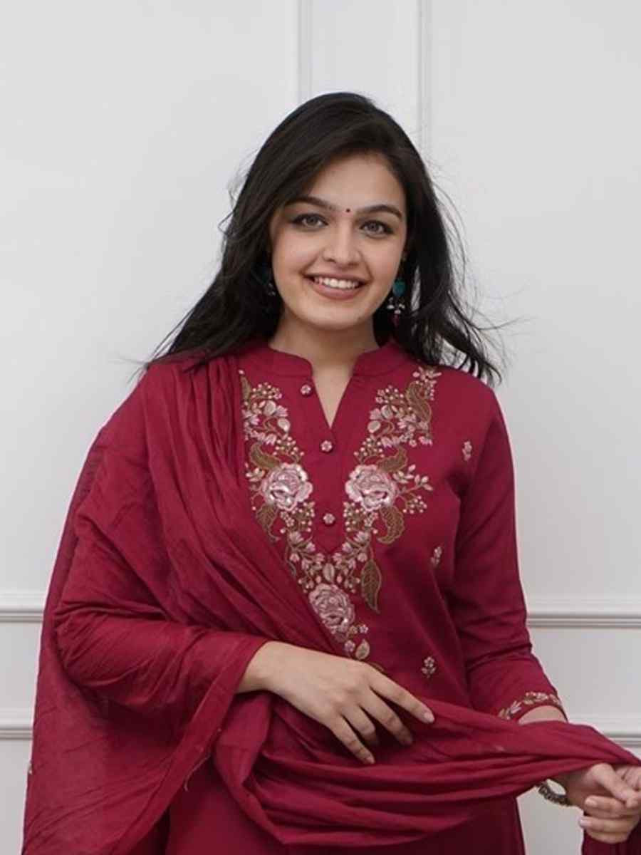 Maroon Rayon Embroidered Festival Casual Ready Pant Salwar Kameez