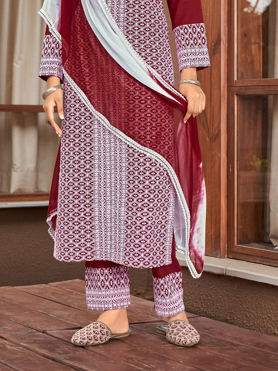 Maroon Rayon Embroidered Festival Pant Kameez