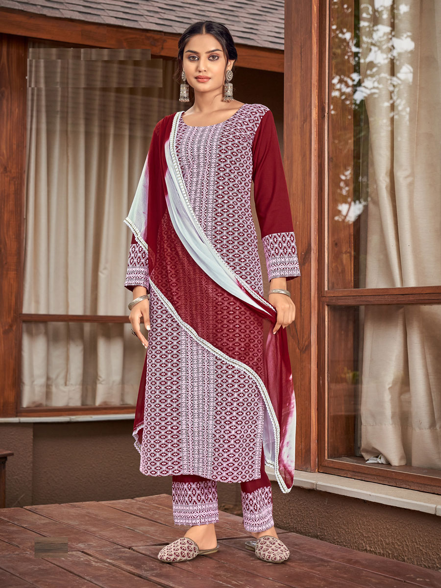 Maroon Rayon Embroidered Festival Pant Kameez