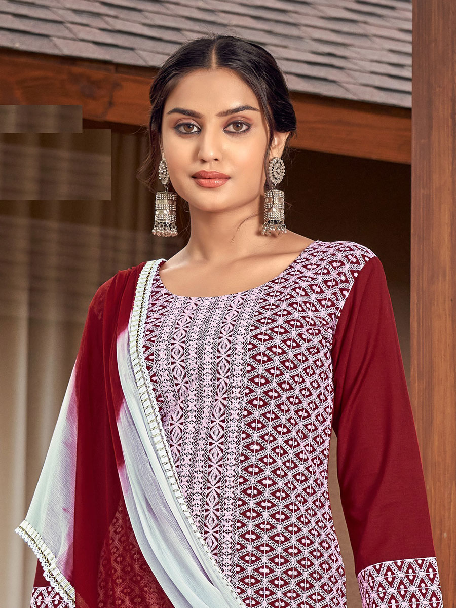 Maroon Rayon Embroidered Festival Pant Kameez