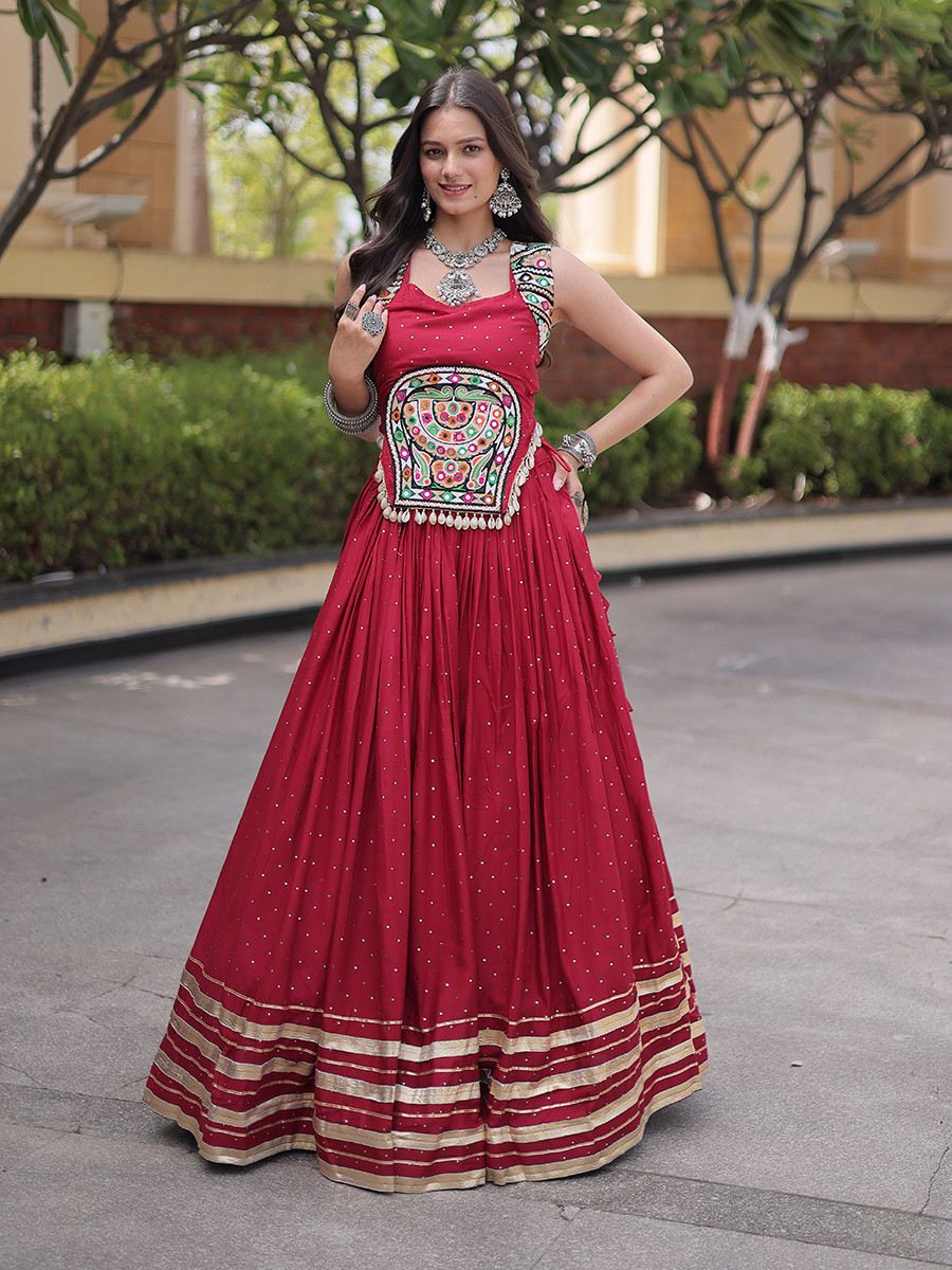 Maroon Rayon Gamthi Mirror Work Wedding Reception Festival Party Wear Ready Circular Lehenga Choli