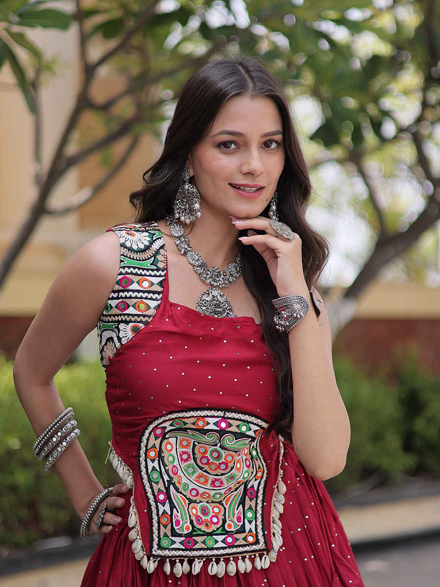 Maroon Rayon Gamthi Mirror Work Wedding Reception Festival Party Wear Ready Circular Lehenga Choli