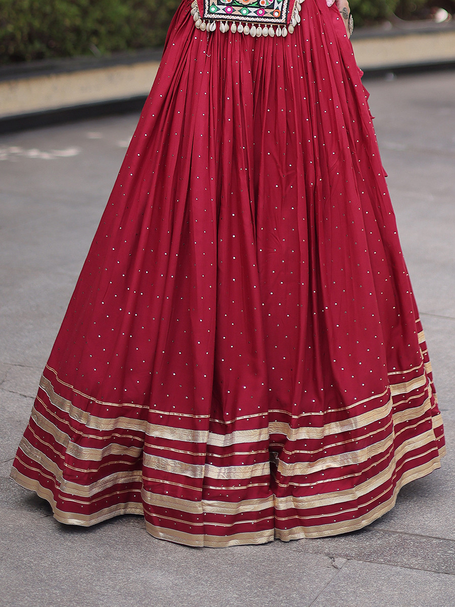 Maroon Rayon Gamthi Mirror Work Wedding Reception Festival Party Wear Ready Circular Lehenga Choli