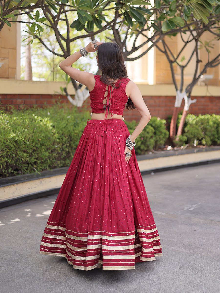 Maroon Rayon Gamthi Mirror Work Wedding Reception Festival Party Wear Ready Circular Lehenga Choli