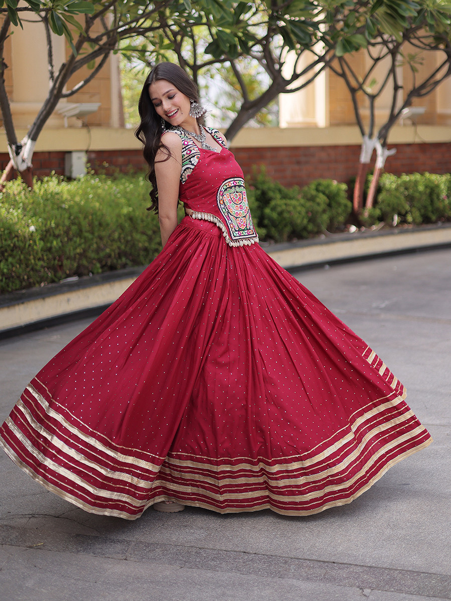 Maroon Rayon Gamthi Mirror Work Wedding Reception Festival Party Wear Ready Circular Lehenga Choli
