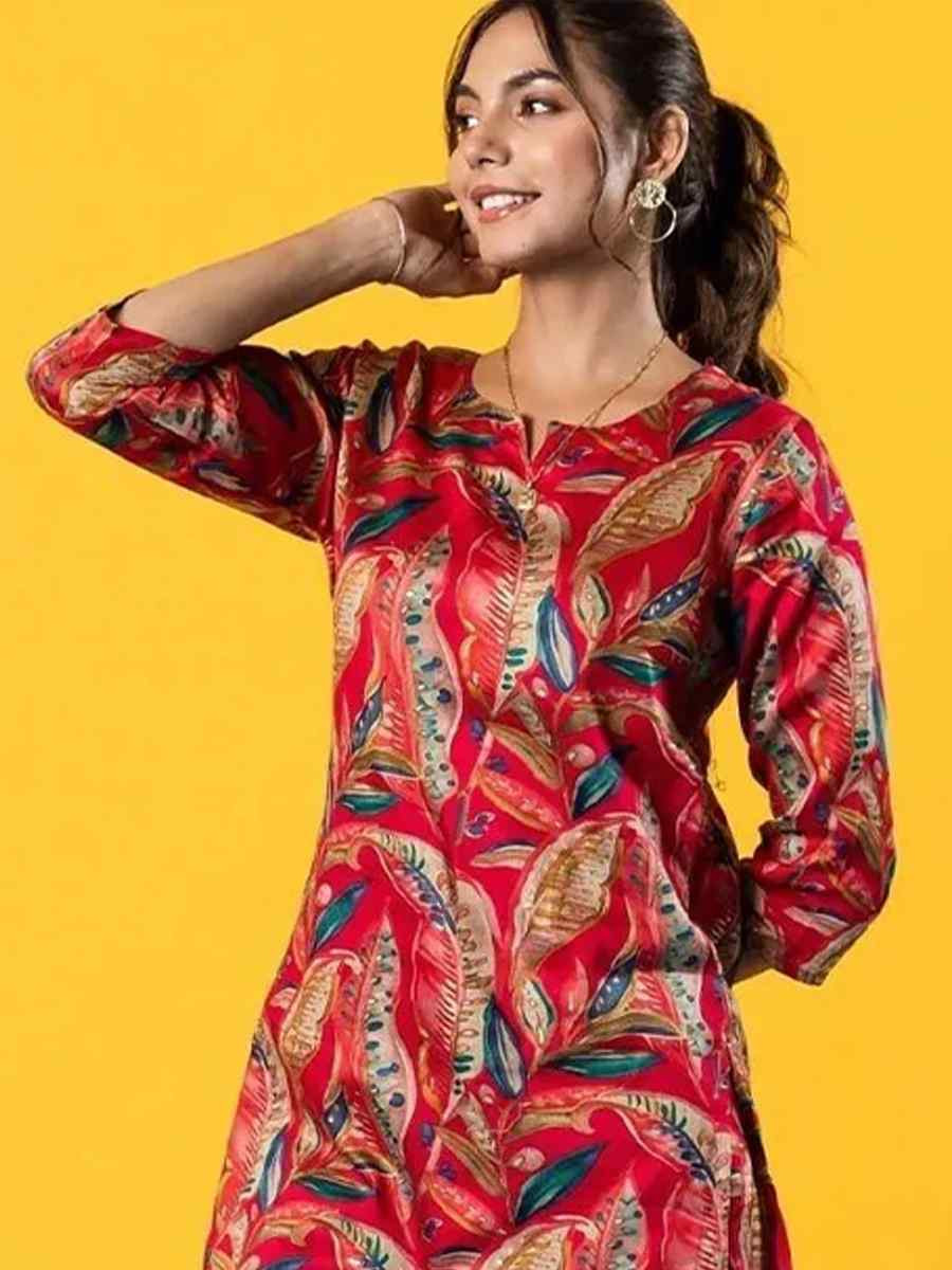 Maroon Rayon Printed Festival Casual Kurti