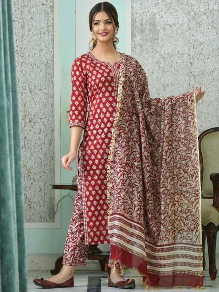 Maroon Rayon Printed Festival Casual Ready Pant Salwar Kameez