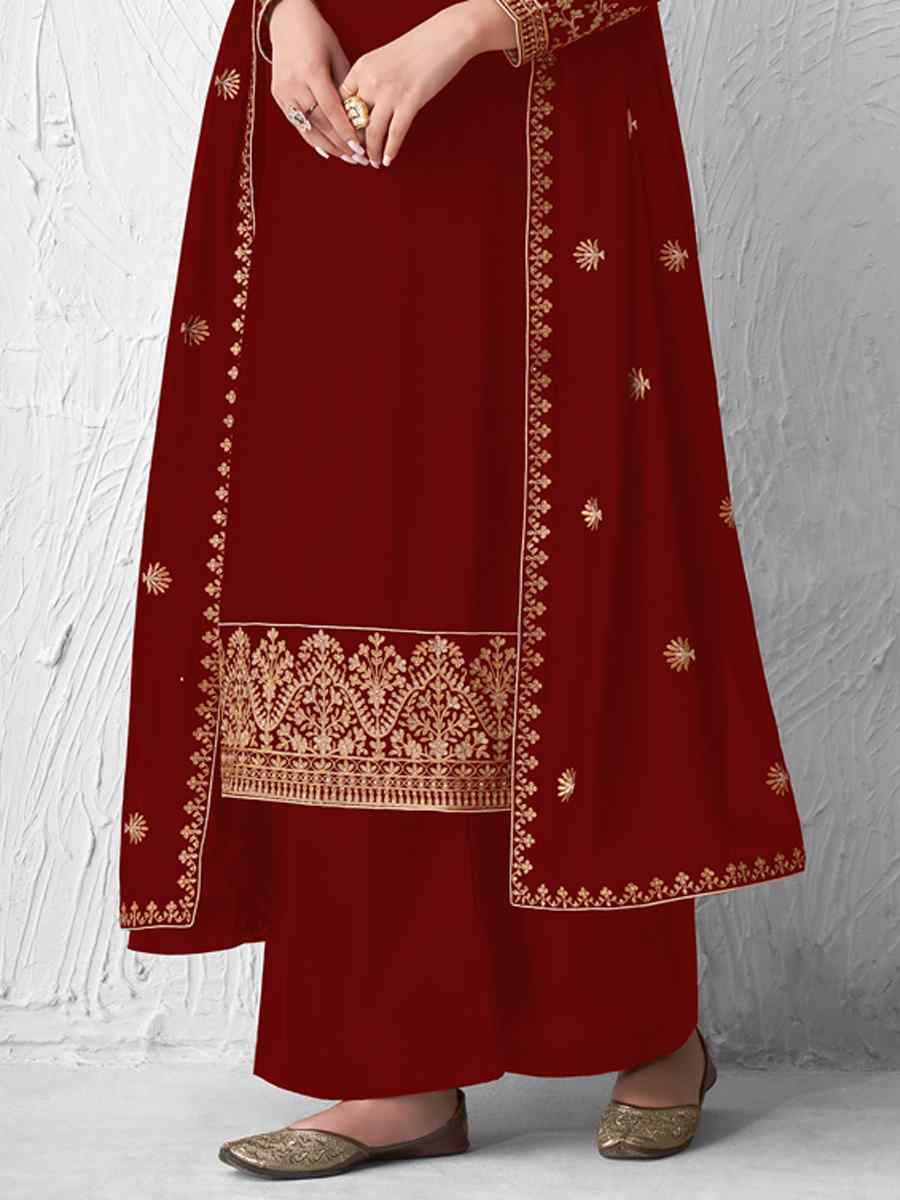 Maroon Real Faux Georgette Embroidered Party Festival Palazzo Pant Salwar Kameez