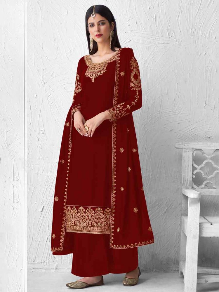 Maroon Real Faux Georgette Embroidered Party Festival Palazzo Pant Salwar Kameez