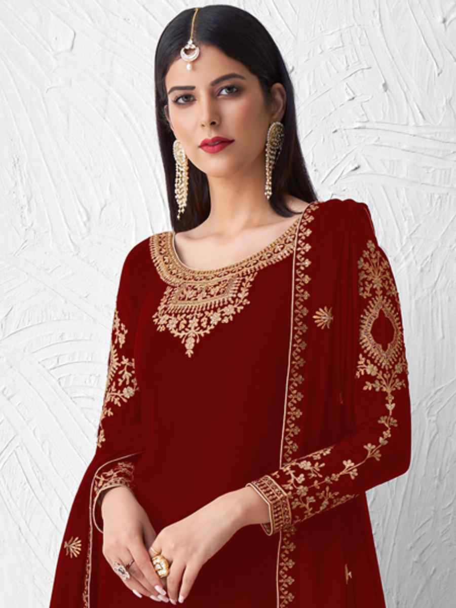 Maroon Real Faux Georgette Embroidered Party Festival Palazzo Pant Salwar Kameez
