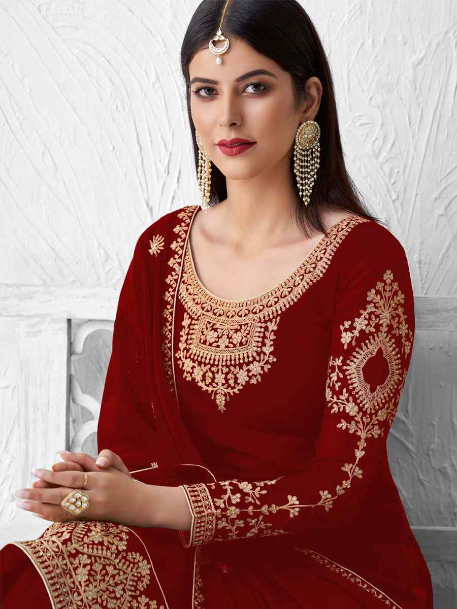 Maroon Real Faux Georgette Embroidered Party Festival Palazzo Pant Salwar Kameez