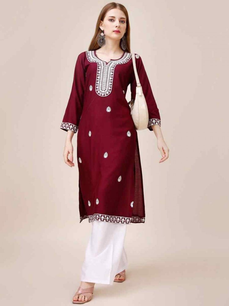 Maroon Riyon Cotton Embroidered Festival Casual Kurti