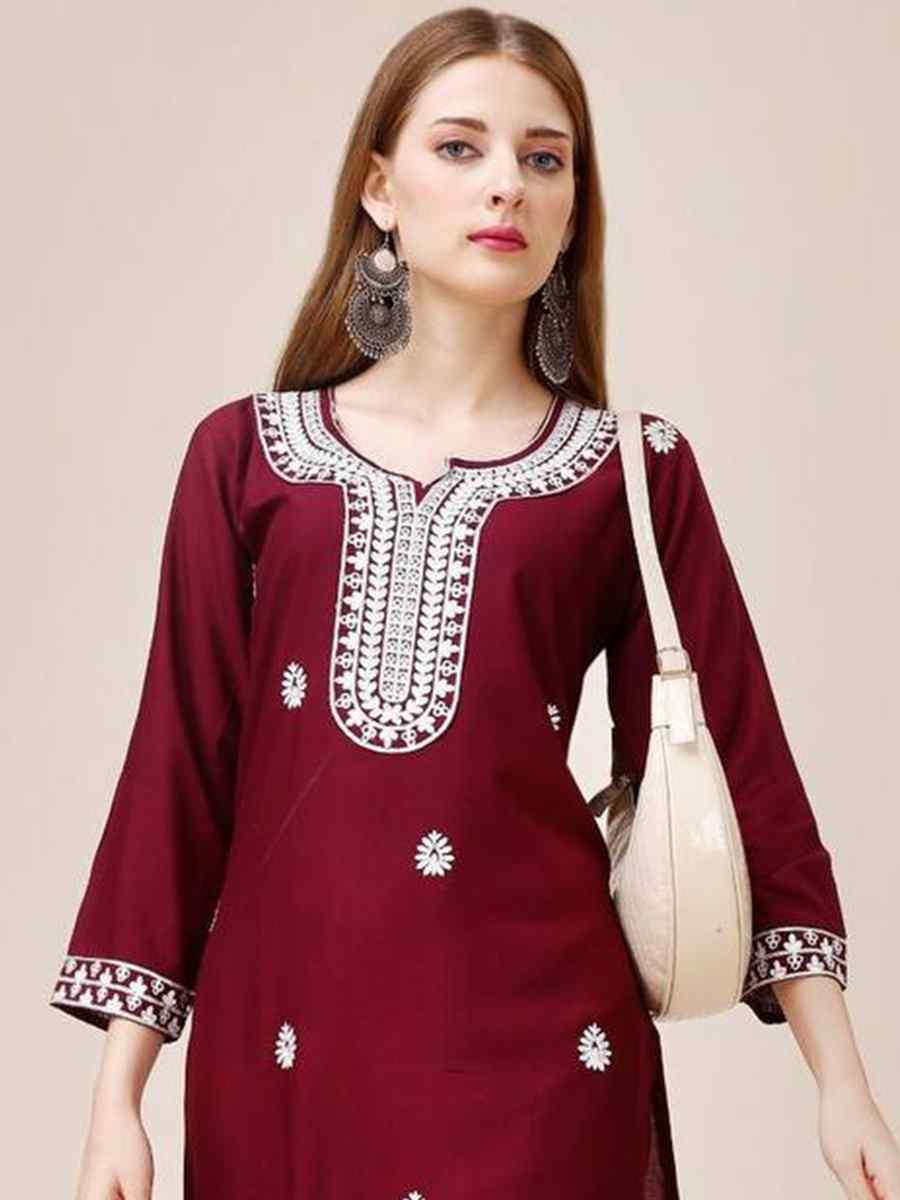 Maroon Riyon Cotton Embroidered Festival Casual Kurti