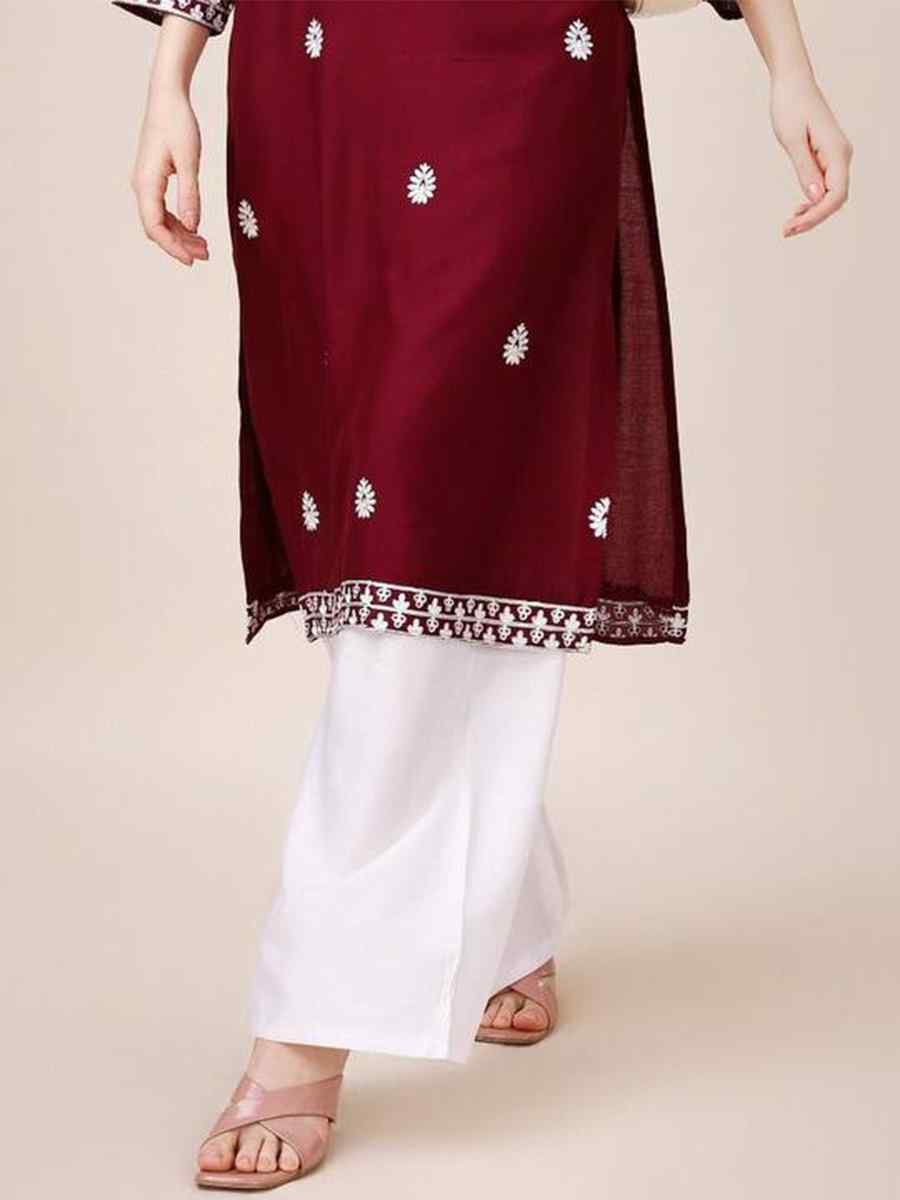 Maroon Riyon Cotton Embroidered Festival Casual Kurti