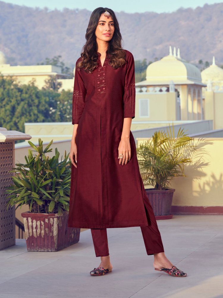 Maroon Roman Silk Embroidered Festival Casual Kurti With Bottom