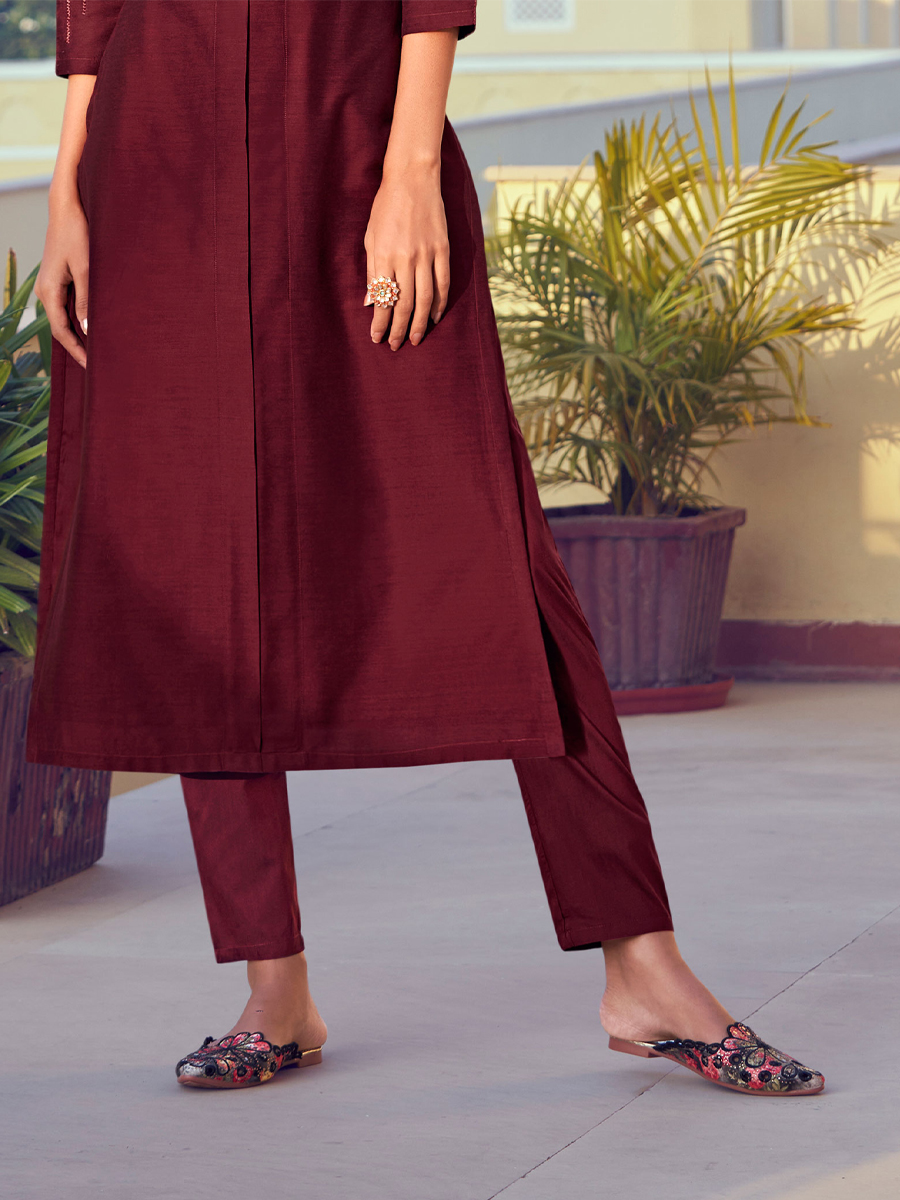 Maroon Roman Silk Embroidered Festival Casual Kurti With Bottom