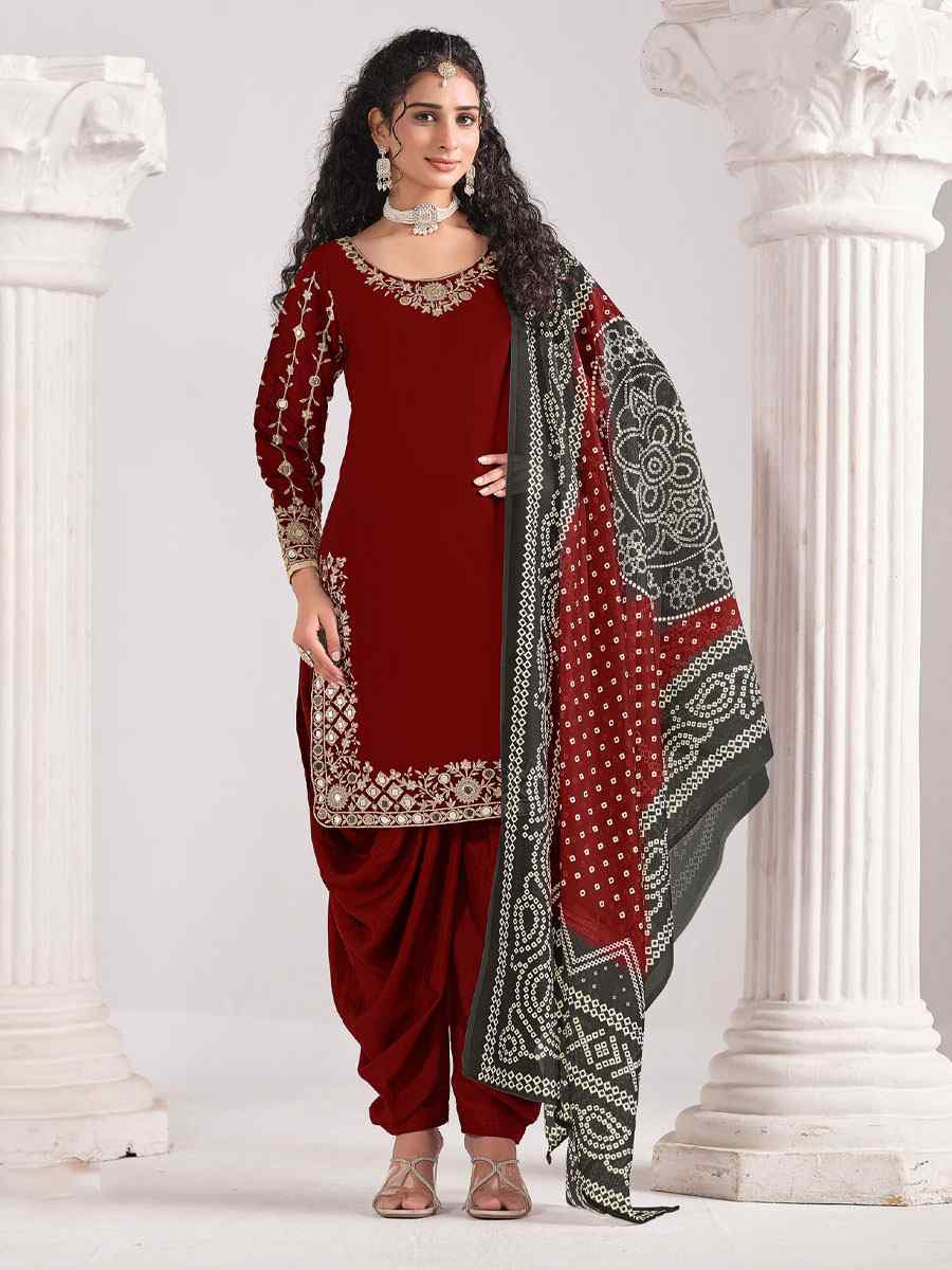 Maroon Roman Silk Embroidered Festival Wedding Patiala Salwar Kameez
