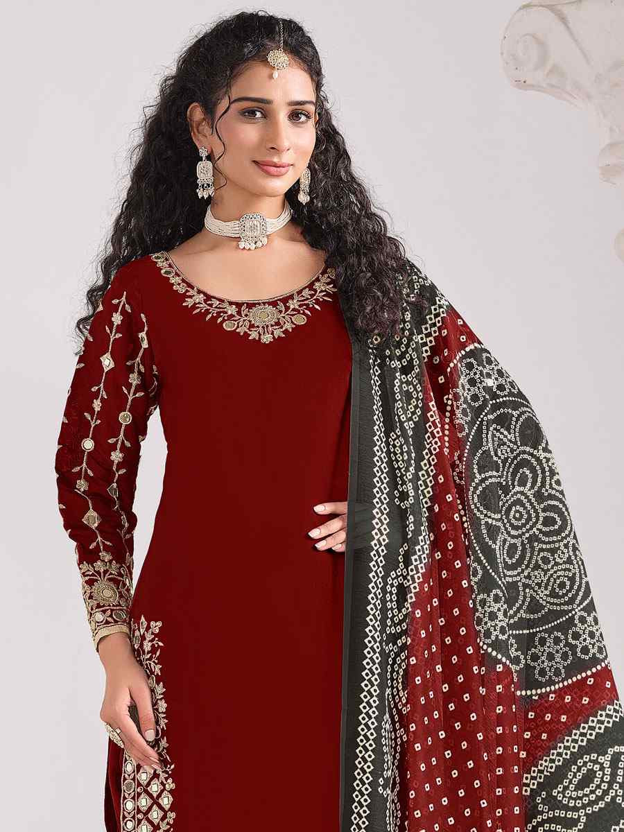 Maroon Roman Silk Embroidered Festival Wedding Patiala Salwar Kameez